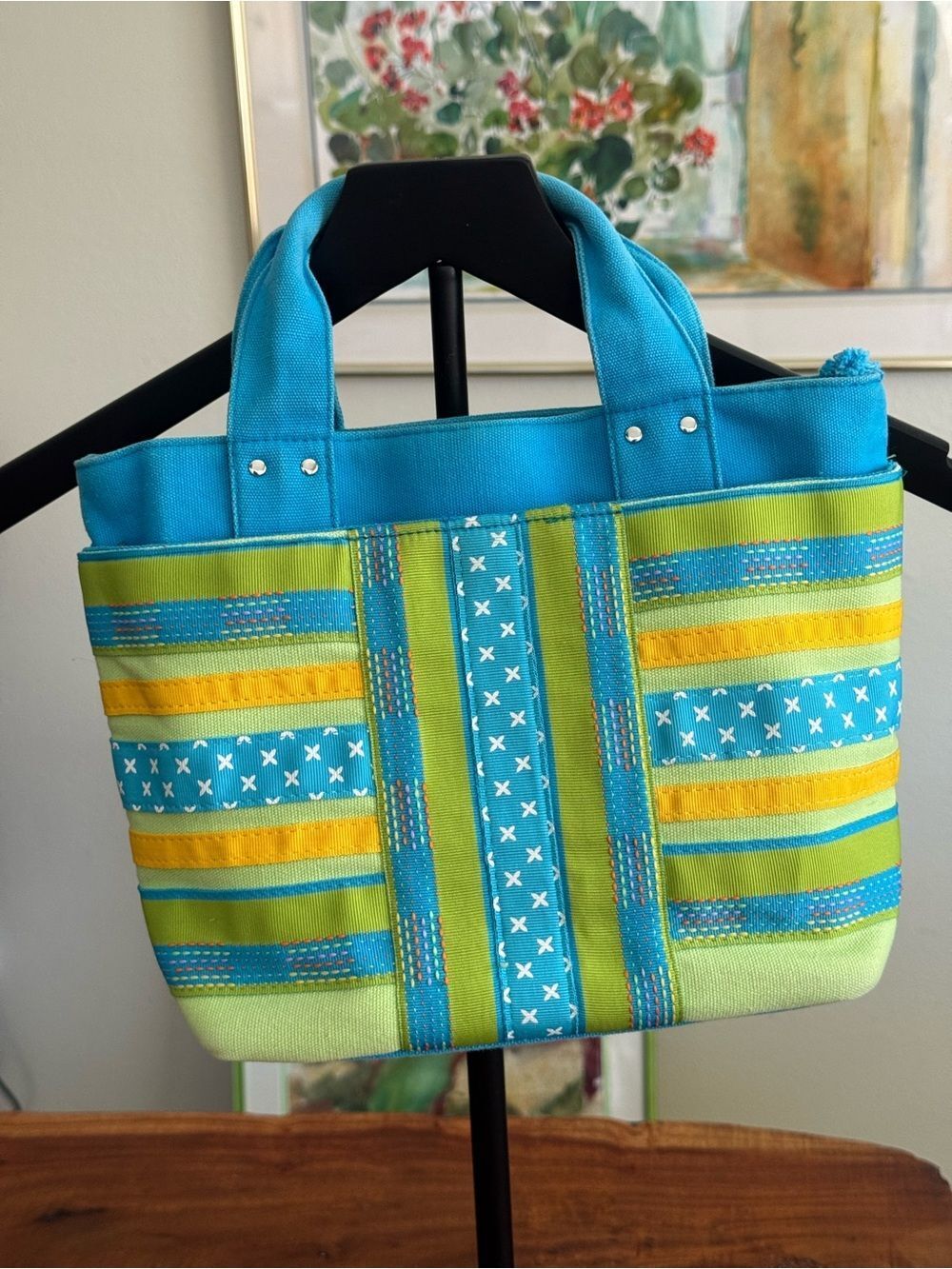 Vintage Tianni Canvas Ribbon Striped Tote Bag Blue Green Yellow Embroidered Y2K!